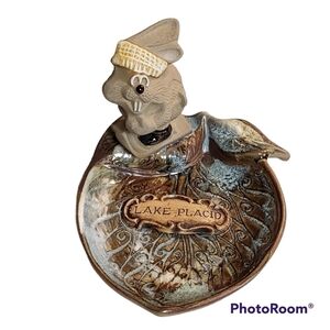 𝅺pottery Craft Lake Placid Bunny Skiing Trinket Coin Tray Clay Pottey Souvenir